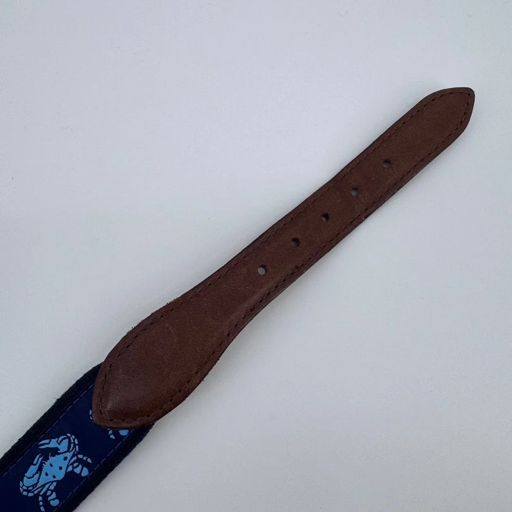 The Belted Cow Blue Crab Canvas Belt Men‎ 46 Navy Leather Trim Nautical Preppy